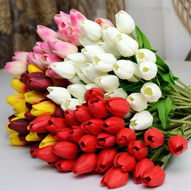 10pcs Artificial Flowers Real Touch Tulips Wedding Bouquets Flowers Fake PU Tulips for Wedding Decoration Home Garden Decor