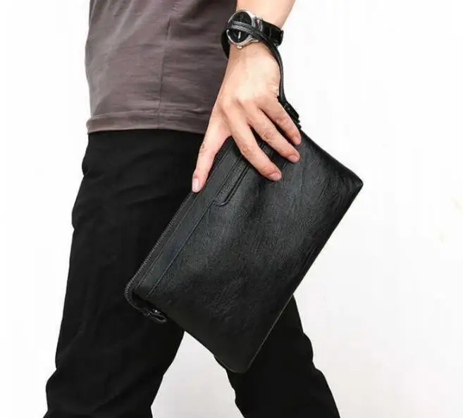 DingGuagua Bolso De Mano Para Hombre De Cuero PU – Cartera Informal De Negocios, Cremallera, 21x12x2.5 Cm