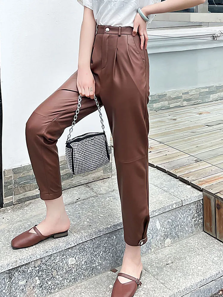 Autumn Winter 2021 Chic Women's Genuine Leather High-rise pencil pants A243