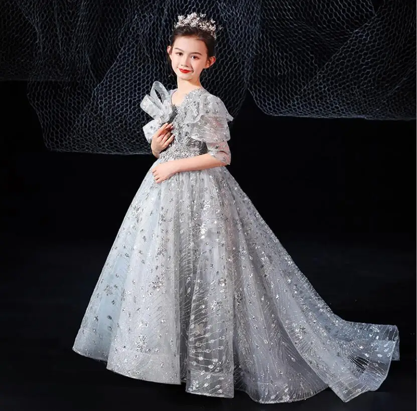 

Gray Tulle Flower Girl Dress Girl Wedding Dress Sequin Lace Long Trailing Dress Girls Party Dress Kids Birthday Evening Clothing