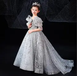 Gray Tulle Flower Girl Dress Girl Wedding Dress Sequin Lace Long Trailing Dress Girls Party Dress Kids Birthday Evening Clothing