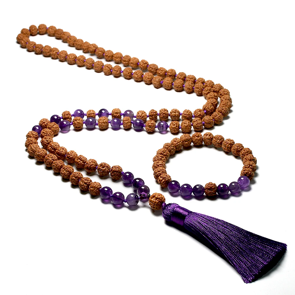 Natural Rudraksha 108 Japamala Necklaces Sets Knotted Amethyst Yoga Meditation Mala Necklace For Women Buddha With Tassel Zen