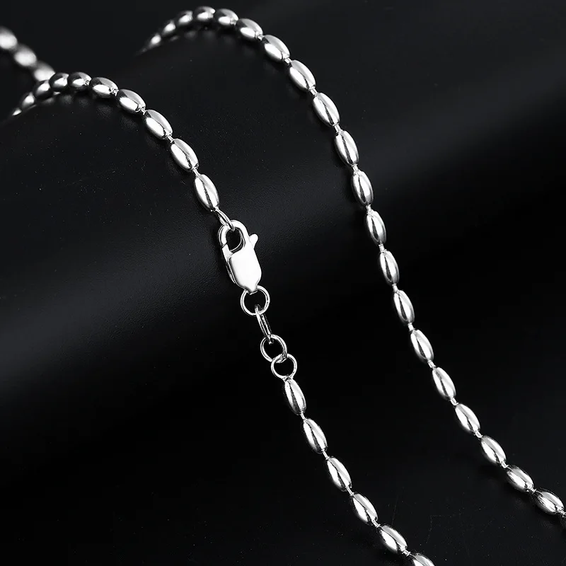 MIQIAO New 925 Sterling Silver Men Olive-Shaped Oval Bead Chain Necklace Fashionable Temperament Long 50 55 60 CM Boyfriend Gift