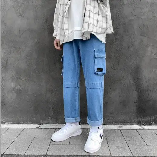 Hot Men Jeans Solid Straight Length Pockets Men Trousers Loose  Mens Fashion Men Jeans All Match Daily Simple  Jeans