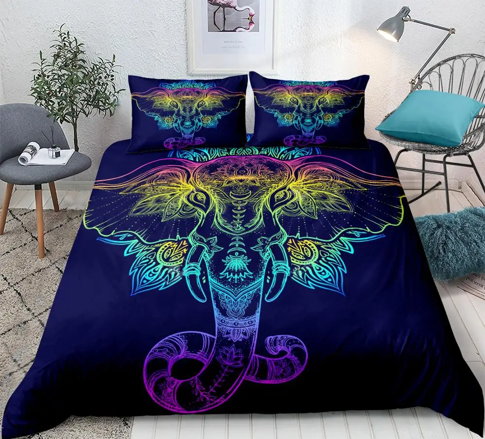 Colorful elephant Bedding set Color lines animals pattern boho quilt cover 3pcs Duvet cover set Dark blue dropship home textiles