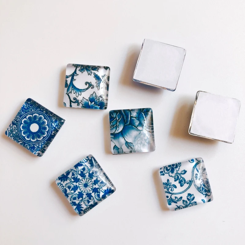 50pcs/lot clear square glass cabochon blue and white porcelain pattern mixed color fit cameo setting 10mm 12mm 15mm