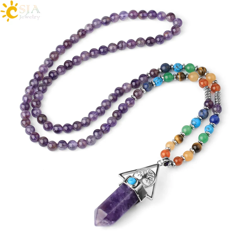 CSJA 7 Chakras Reiki Long Natural Gem Stone Necklace Hexagonal Tree of Life Pendant  Purple Pink Tiger Eye Crystal Jewelry G787