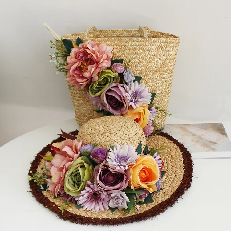 Multicolor Artificial Flowers Rattan Tote Customized Bohemia Style Women Summer Beach Bag and Hat Suit Straw Handbag High-end