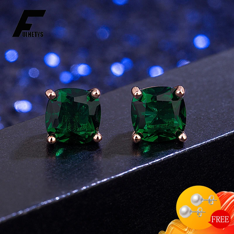 

Trendy Earrings 925 Silver Jewelry 7*7mm Emerald Gemstone Retro Accessories Stud Earring for Women Wedding Engagement Wholesale