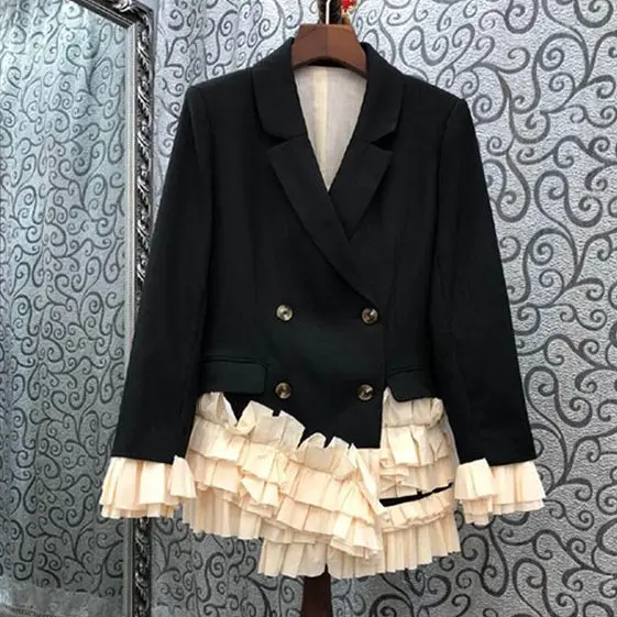 

Ruffled patchwork blazer for women 2024 autumn new fashion irregular slim double breasted casual suit jacket female outwear