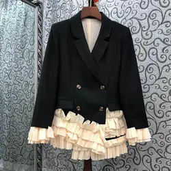 Ruffled patchwork blazer for women 2024 autumn new fashion irregular slim double breasted casual suit jacket female outwear