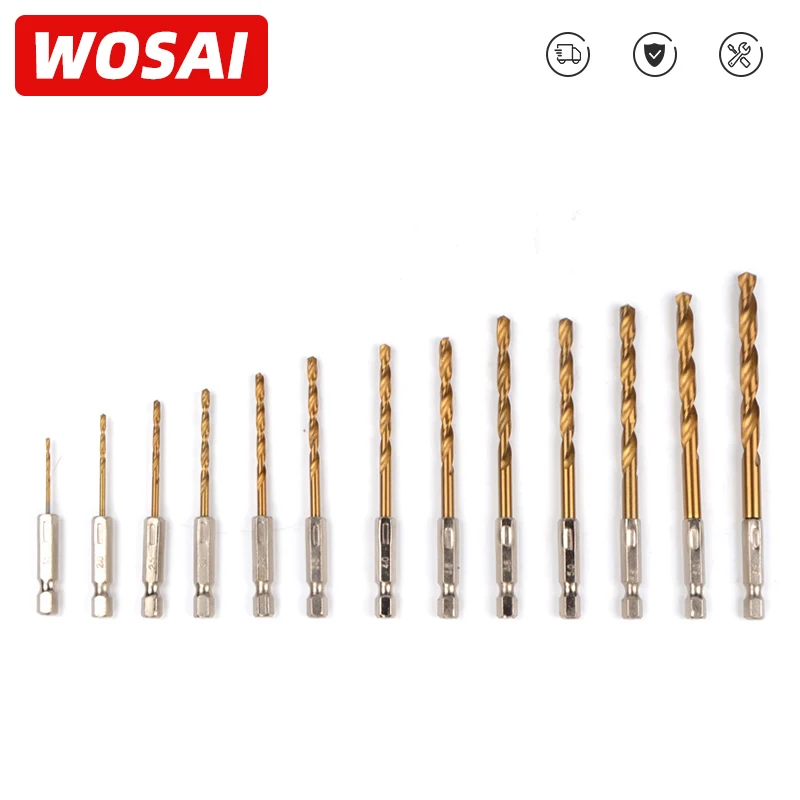 WOSAI 13pcs/Set HSS High Speed Steel 1/4 Hex Shank 1.5-6.5mm Drill BitTitanium Coated Drill Bit Set Electric Drill Bits