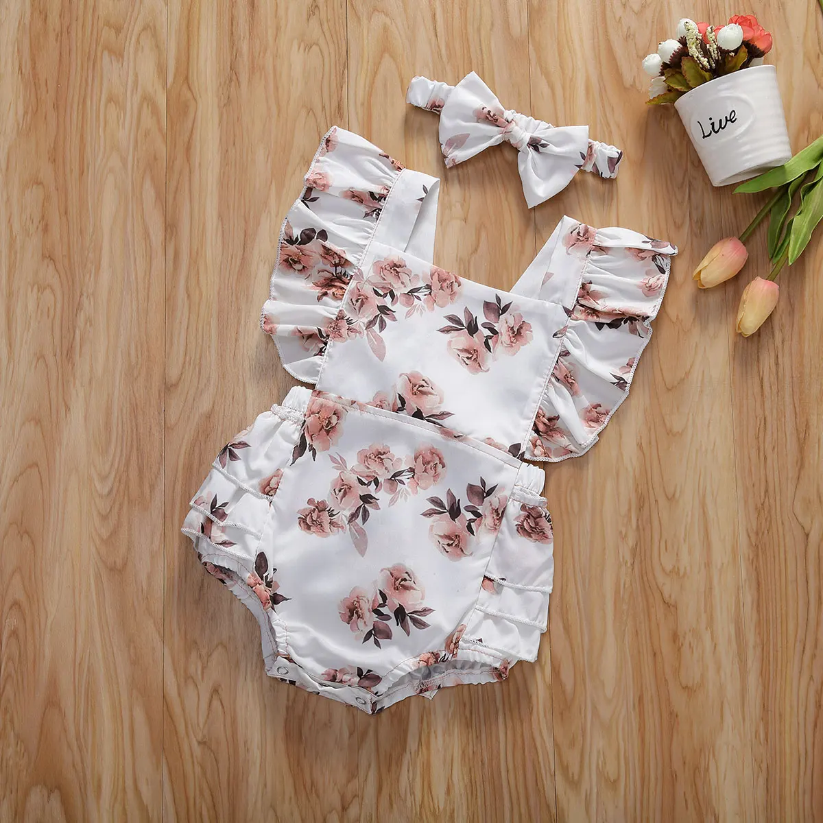 Summer Clothing Infant Newborn Baby Girl Floral Romper Girls Sleeveless Ruffled Jumpsuits With Baby Headband