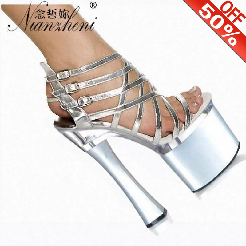 8 inch high Stripper heels women sexy Ankle Strap Gladiator dancing shoes Gothic Evening Silver 18cm Buckle Spool Heels Sandals