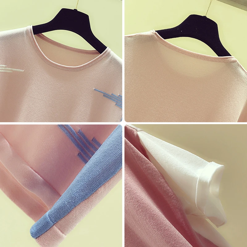 Shintimes Pink Knitted T Shirt Women 2023 Summer Thin T Shirts Female Casual Woman Clothes Tshirt Hit Color Tops Tee Shirt Femme
