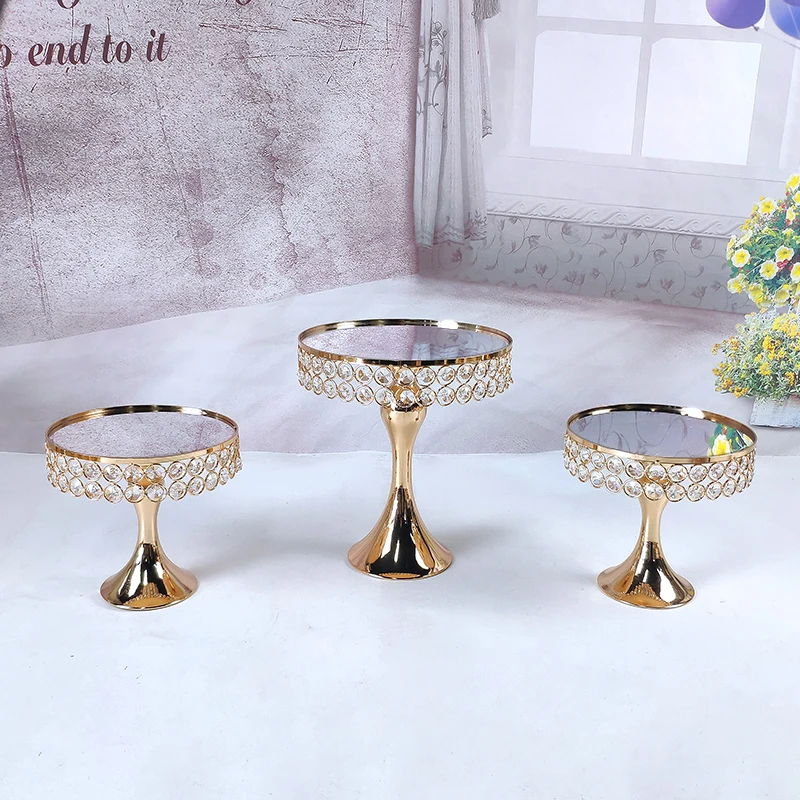 Crystal beads cake stand set gold plated mirror surface dessert stand wedding party table decoration baking tool