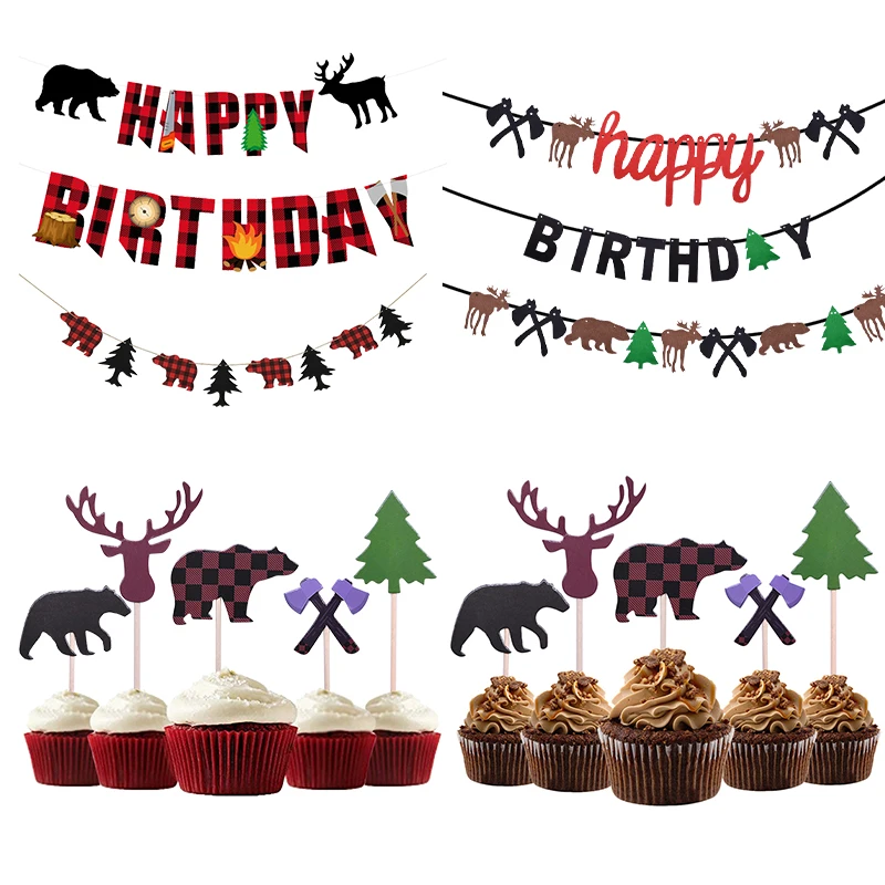 Sets Kids Party Decorations Lumberjack Cake Topper And Balloon Happy Birthday Banner Party Favors Supplies