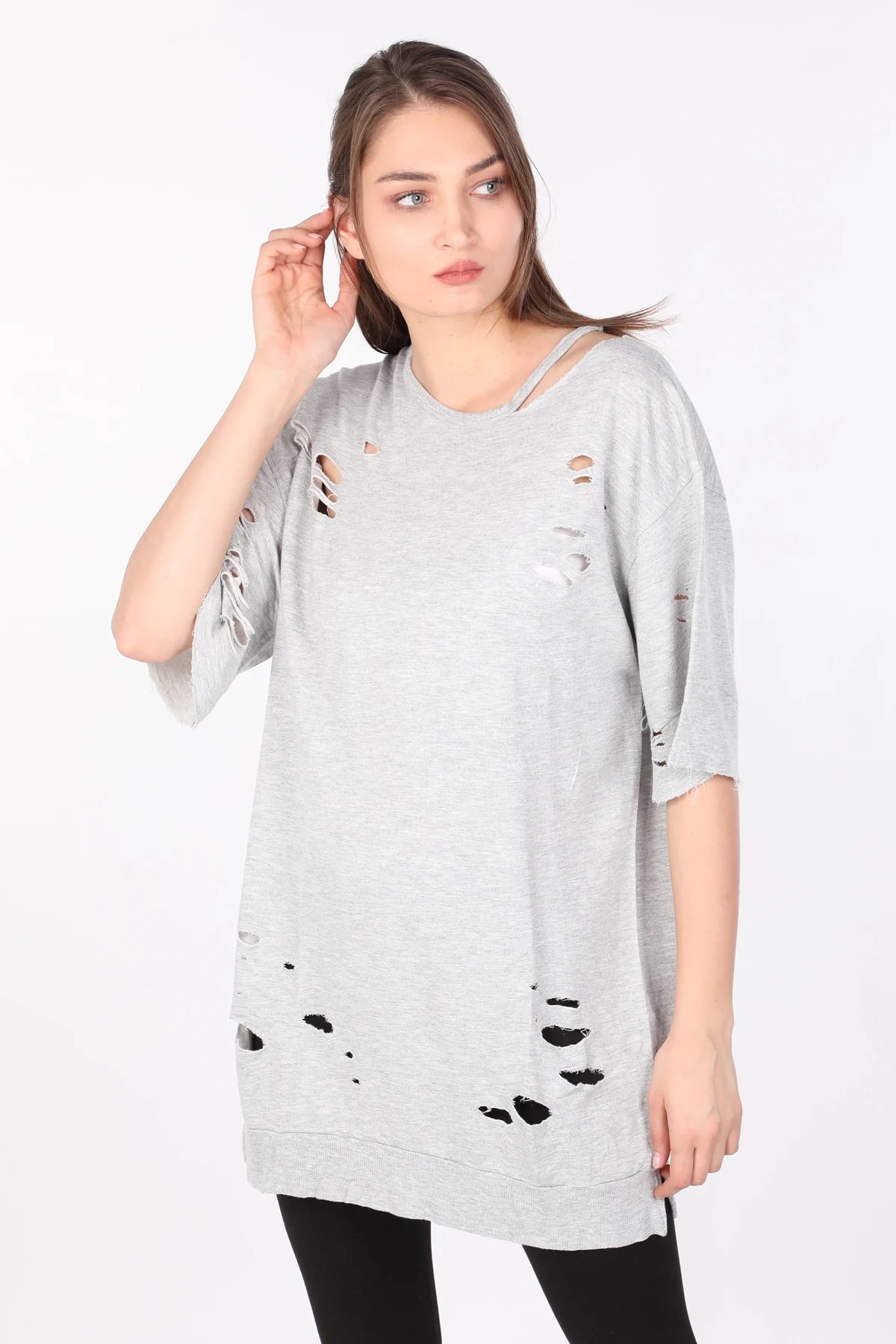 Women's Ripped Detaylı Basic T-shirt Gray