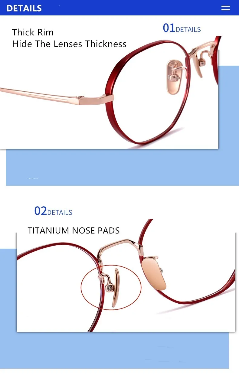 Reine Titan-Brille, Damen-Brille, entworfen, Vollrand, runde rote Brille mit dickem Rand, geeignet für hohe Dioptrien, rote Rose – Detail 7