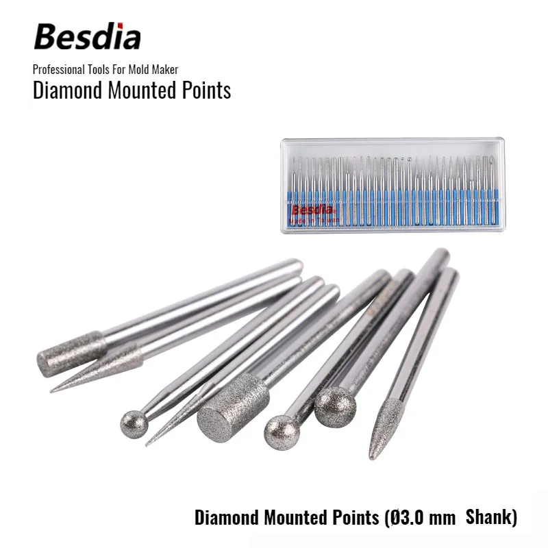 TAIWAN Besdia 30pcs/set Alloy Electroplated Diamond Mounted Points 3.0 mm Shank Grinding Heads Suits For Dremel Rotary Tools