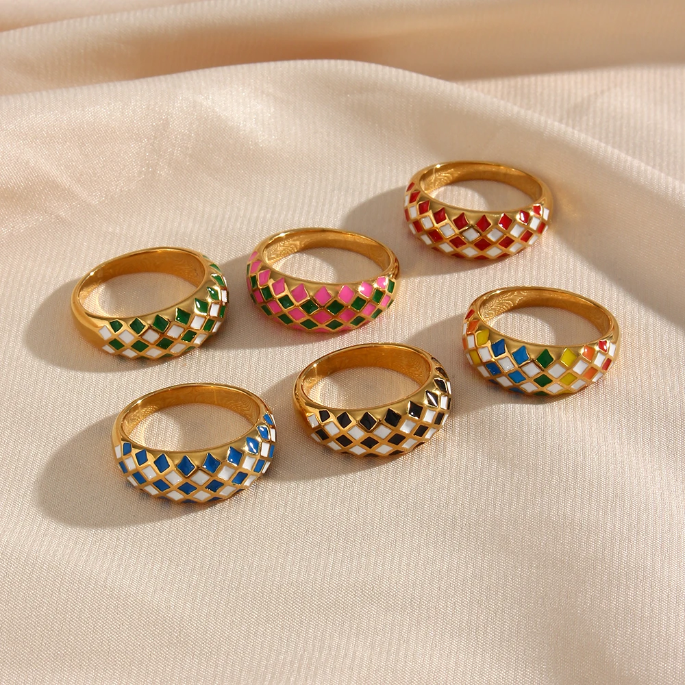 2021 New Design Tarnish Free Stainless Steel Colorful Pink Green Yellow Blue Enamel Checker Rings For Women Geometric Gold Ring