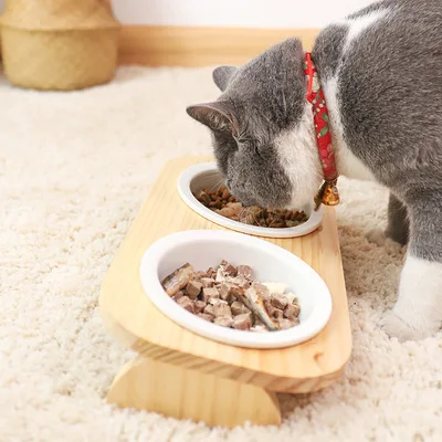 

Prevention of Black Chin Pine Wood Ceramic Cat Bowl Oblique Mouth Drinking Rice Bowl For Cats and Dogs Pet Supplies