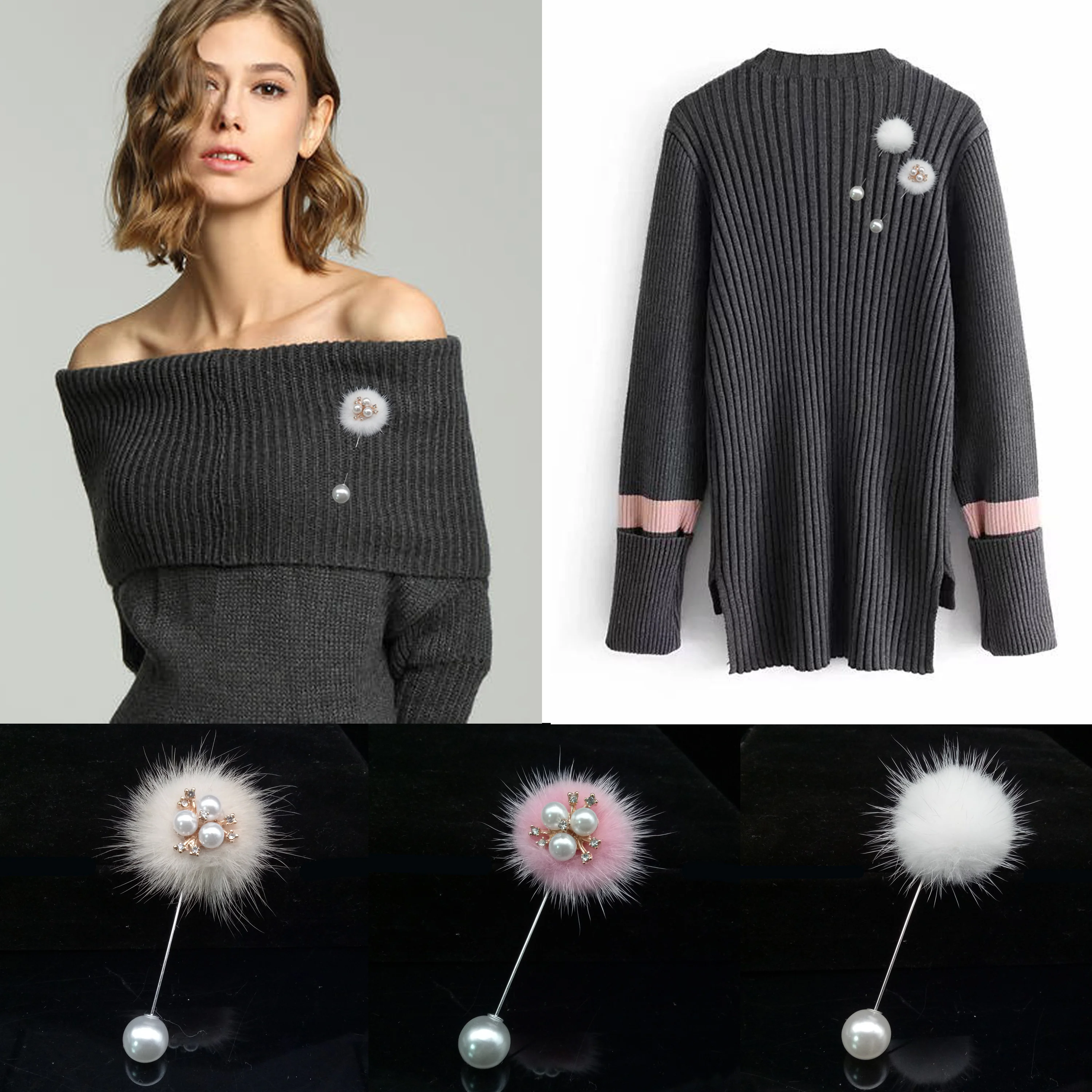 Cute Charm Pearl Brooch Pins For Women Korean Mink Fur Pompom Ball Piercing Lapel pin Brooch Collar Jewelry Gifts