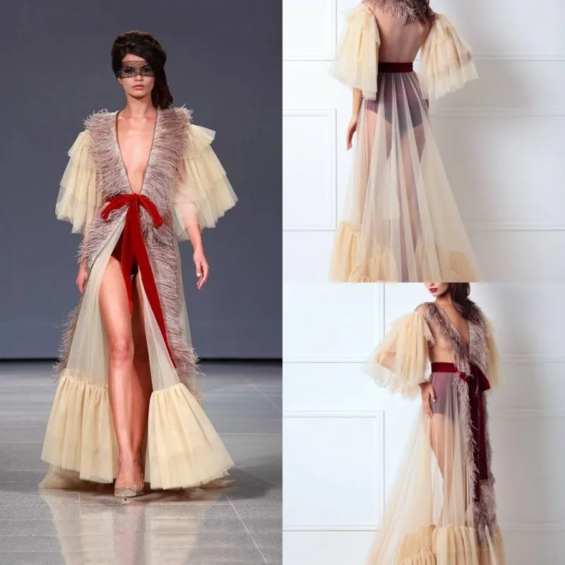 Fashion Feathers Edge Night Robes Tulle Puffy Sleeves Sweep Train Women Sleepwear Nightgown Robes with Belt