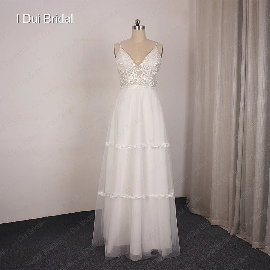 Boho Wedding Dress A Line Floor Length Spaghetti Strap Pearl Beaded Bridal Gown Dot Tulle Skirt Sukniaslubna