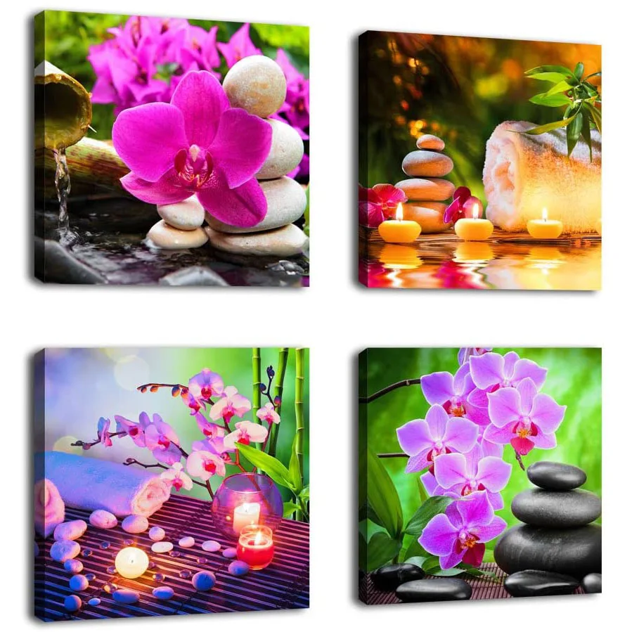 4 Pieces Zen Stone Spa Pink Flowers Bathroom Posters Canvas Wall Art Pictures Home Decor Paintings for Living Room Decorations