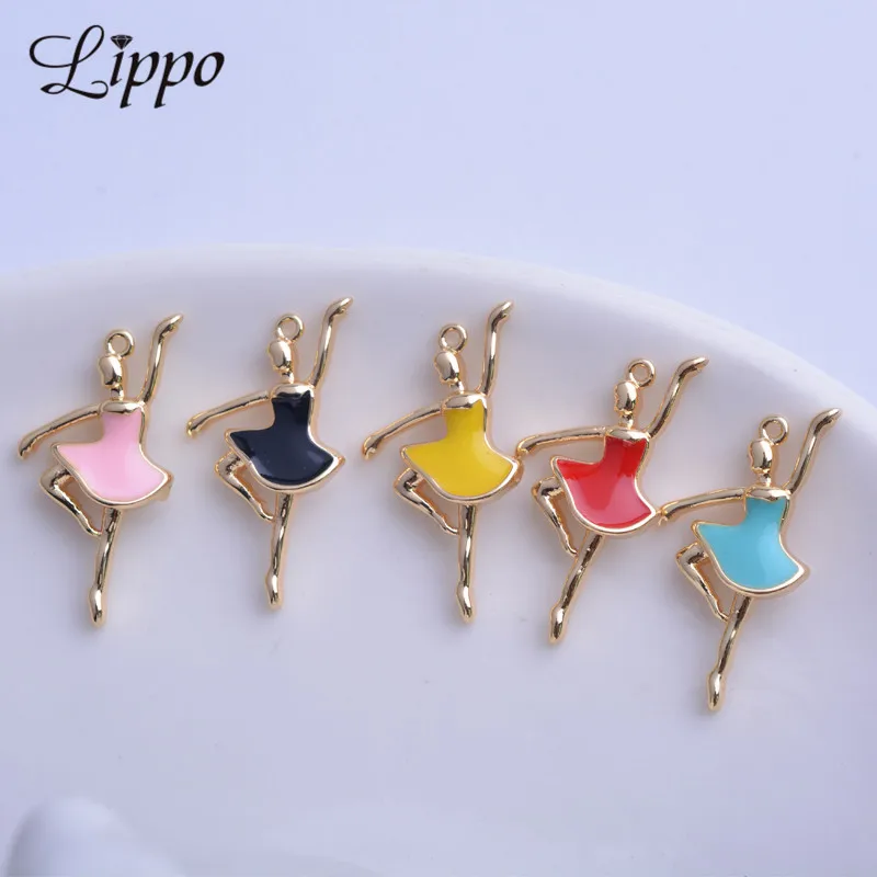 20pcs Copper Gold Color High Quatily Enamel Dancing girl charms Dripping oil Ballet Doll Pendant DIY Jewelry Necklace Making