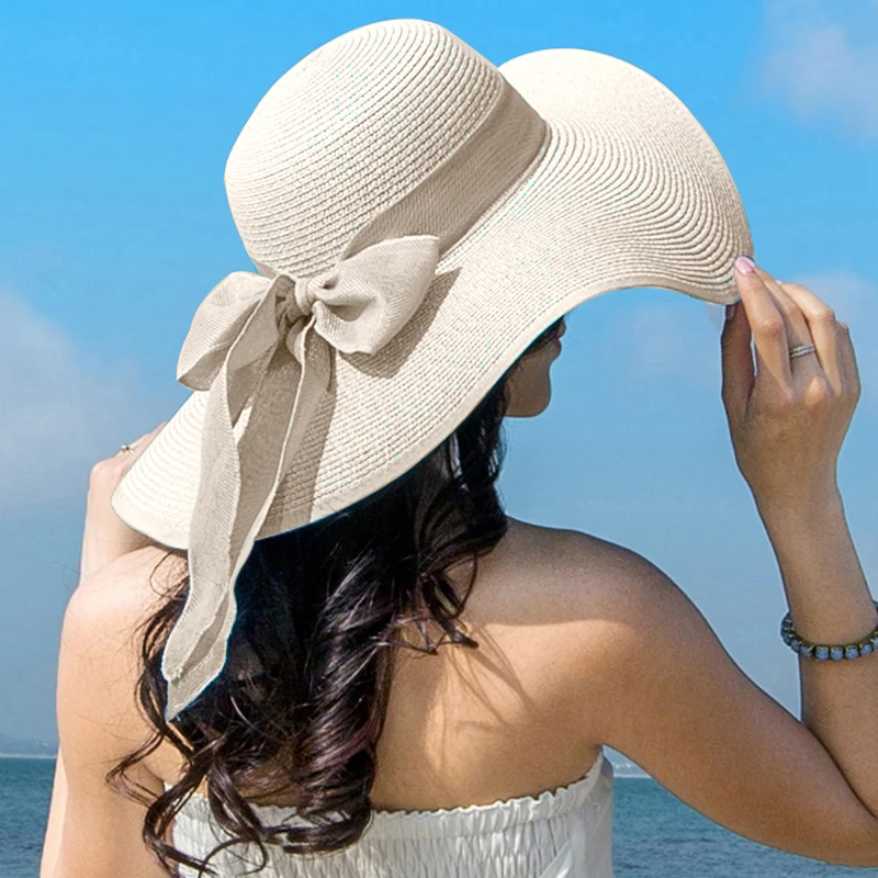 Sombrero de paja de verano para mujer, sombreros panamá flexibles de ala ancha con lazo, gorra de sol plegable para playa al aire libre para mujer