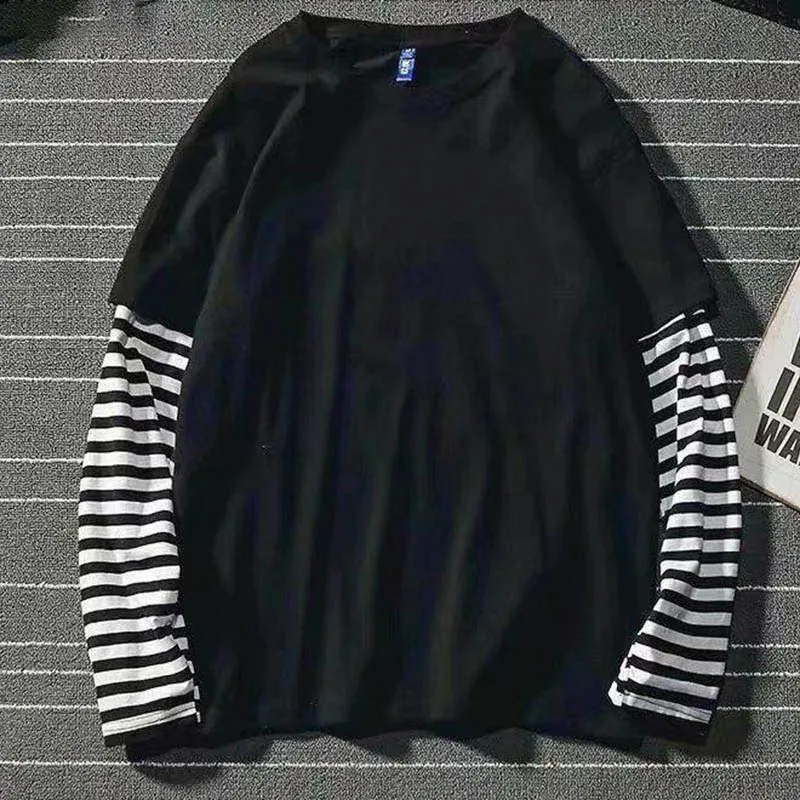 Fake Two Striped Color Matching Stitching Long Sleeve Women  T-shirt 2020 Autumn Winter Hip Hop Style Couple Bottoming Shirt