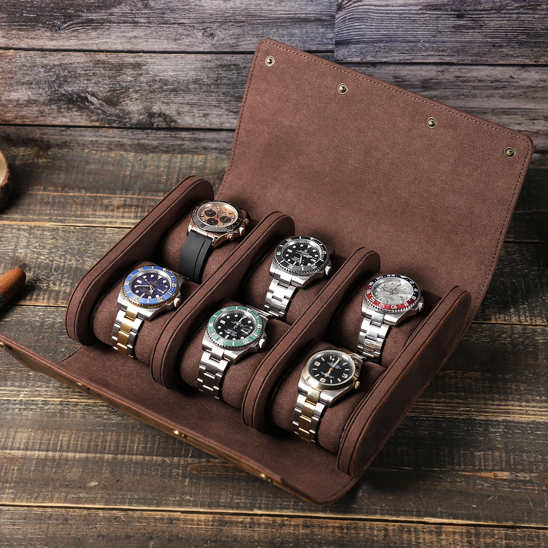 Vintage Genuine Leather 6 Slots Watch Case Organizers Luxury Design for Men Watch Display Gift Box Watch Jewelry Storage Case