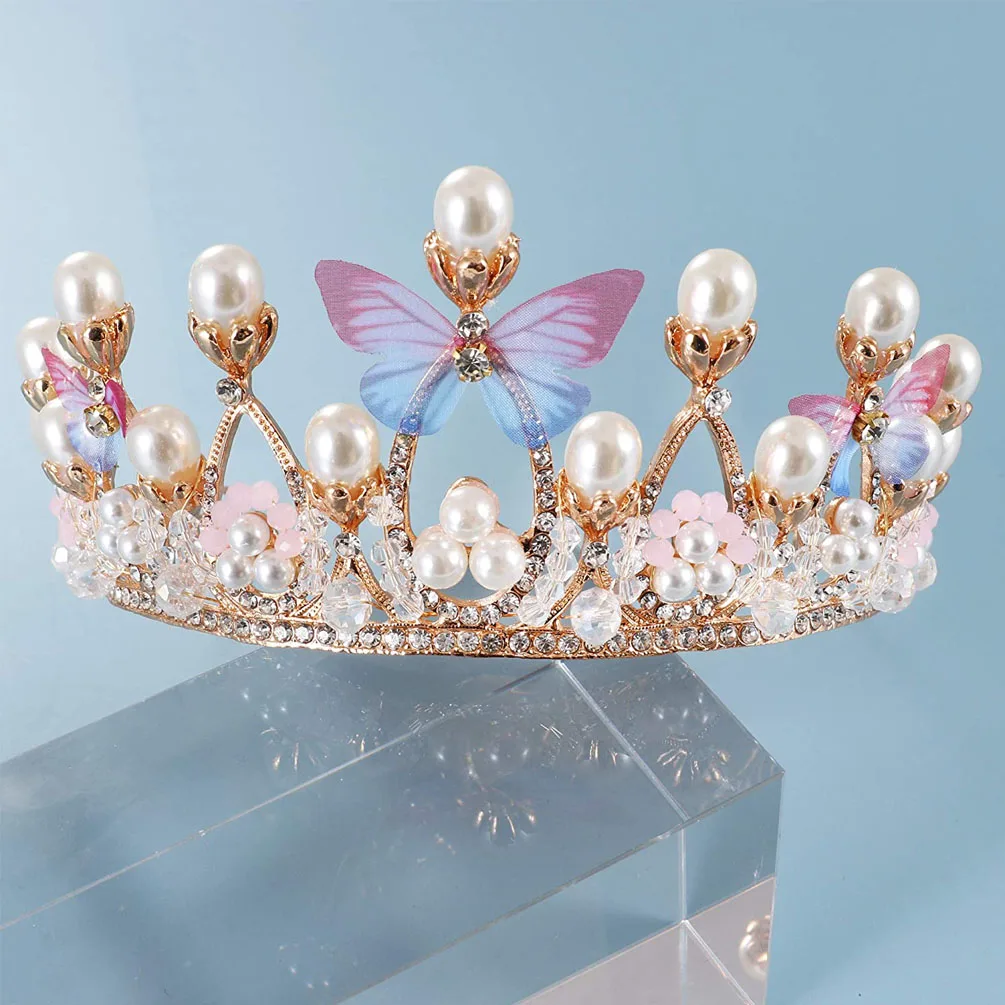 Romantic Butterfly Shape Princess Crown for Girls Handmade Rhinestone Tiara Pearl Headband For Birthday Wedding Model Catwalk