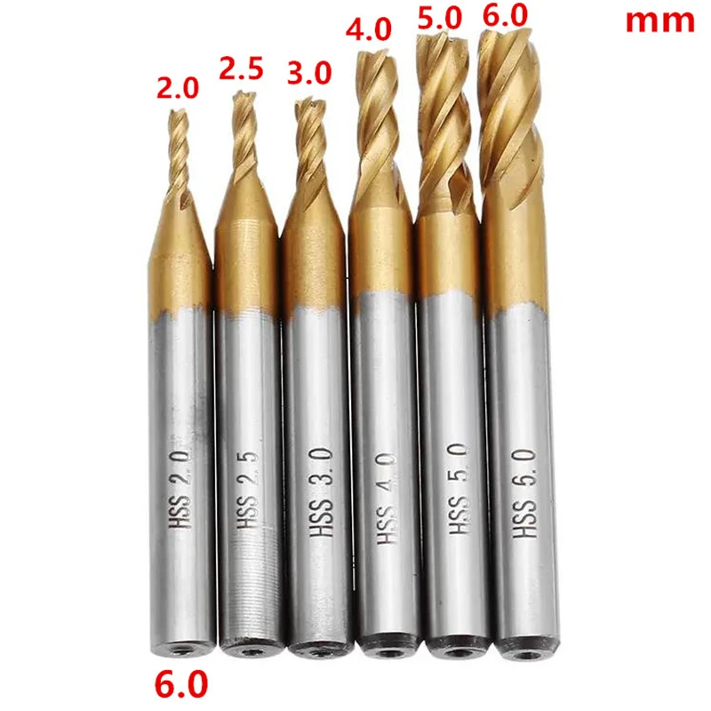 6pcs Set di frese 2-6mm rivestimento in titanio HSS 4 flauto fresa metrica fresa 6mm codolo cilindrico Set di punte per trapano CNC