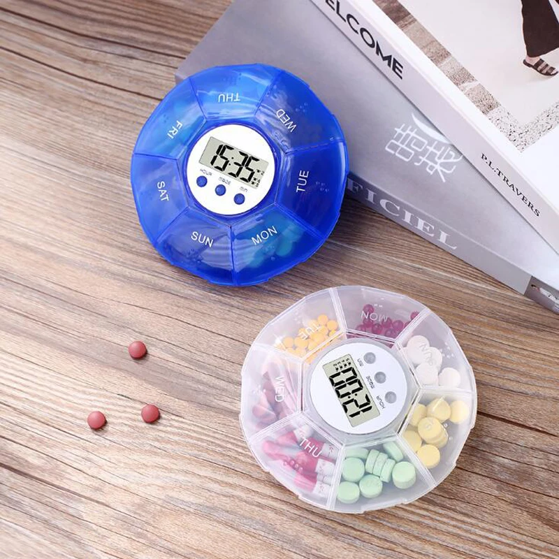 صندوق حبوب دواء محمول مكون من 7 أقسام لأسبوع واحد، صندوق حبوب إلكتروني صغير مختوم، صندوق تخزين بلاستيكي للسفر، منظم أدوية