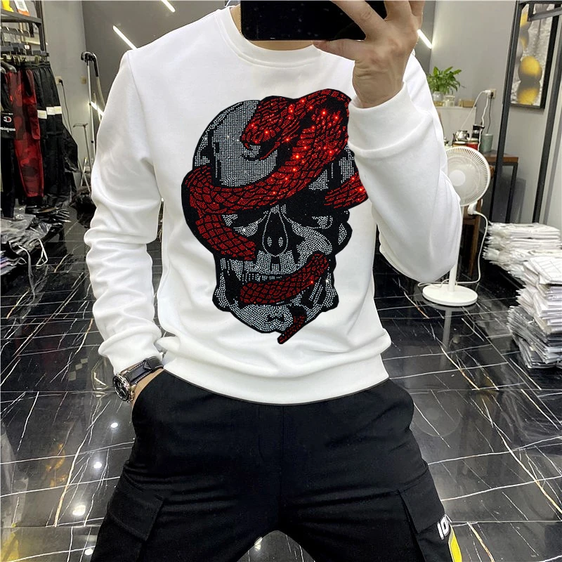 2024 New Arrival Winter Men\'s Sweatshirt Casual Fashion Long Sleeve Hot Rhinestone Warm Oversized Hoodie Top