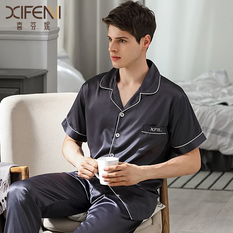 Summer Sleepwear Male Short Sleeve Long Pants Two-Piece Pajama Sets Ice Silk Thin Men Pyjamas Homewear 9006B