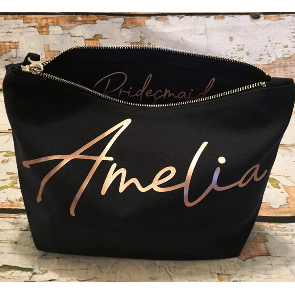 

personalised black monogrammed makeup bag, bridesmaid gift, Wedding thank you gift cosmetic bag, cutom maid of honour gift bag