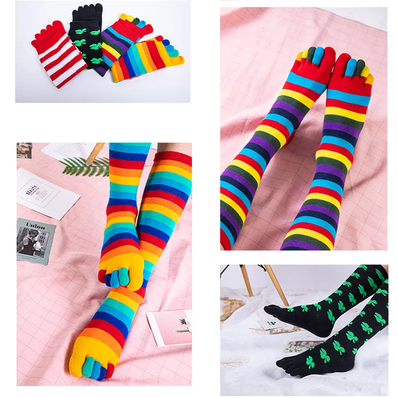 Bunte Wadensocken, lange Zehensocken, modische Regenbogen-Streifen-Kleeblatt-Print Happy Sock für Damen und Mädchen, Fünf-Finger-Baumwollsocken, Geschenk – Detail 7