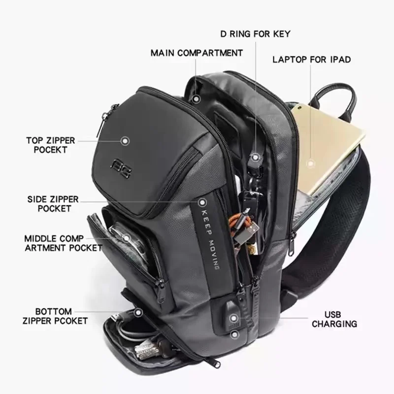 BANGE Multifunctional Men's Messenger shoulder Bags Short Trip Waterproof USB Charging Motorcycle Crossbody Chest Bag for Men