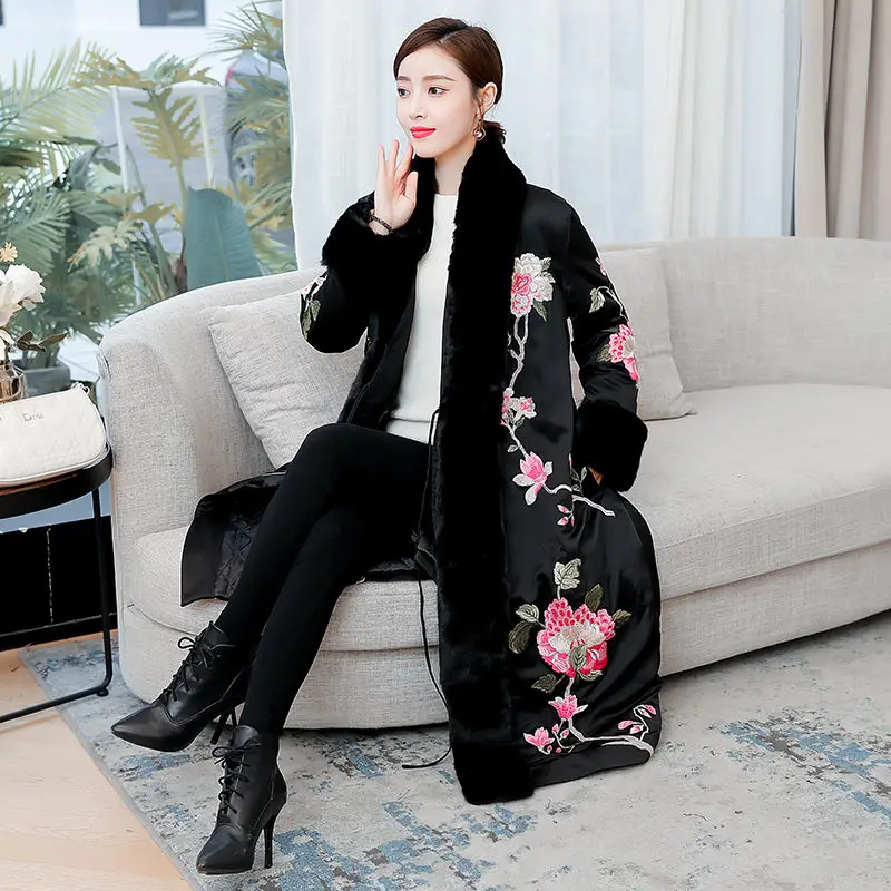 Chinese Style Winter Jacket For Women Fur Collar Padded Coat Fashion Retro Printing Long Cotton Outwear Abrigos M1143