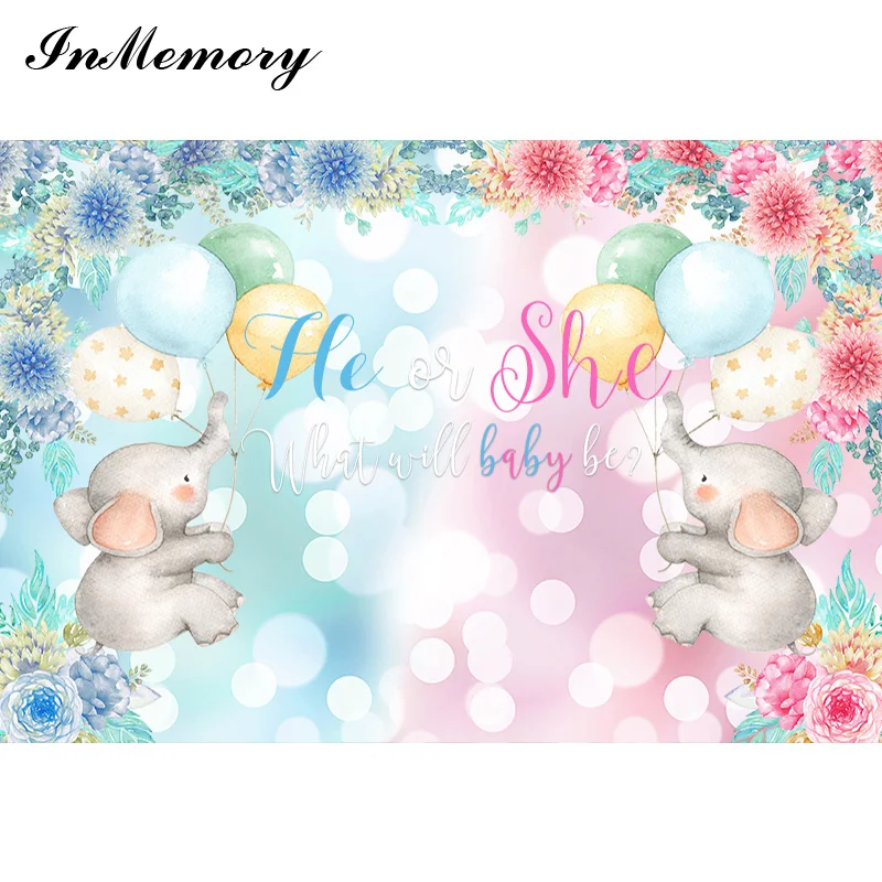 InMemory Cute Elephant Gender Reveal Backdrop Blue or Pink Flower Baby Shower Photography Background Balloon Party Banner 7X5FT