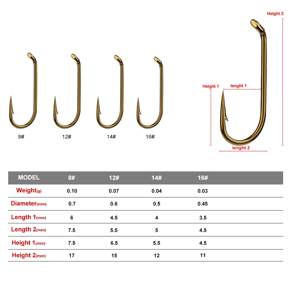 Small Fly Fishing Hook 8/12/14/16# Size 200pcs/lot Single Fishhooks Fly Fishing Hooks for Trout Salmon Dry Flies Fish Hook Gold