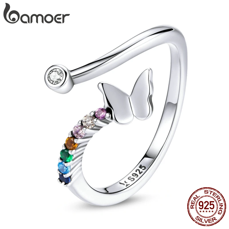 bamoer 925 Sterling Silver Rainbow Butterfly Finger Ring Colorful Stone Adjustable Open Ring for Women Fashion Jewelry SCR730