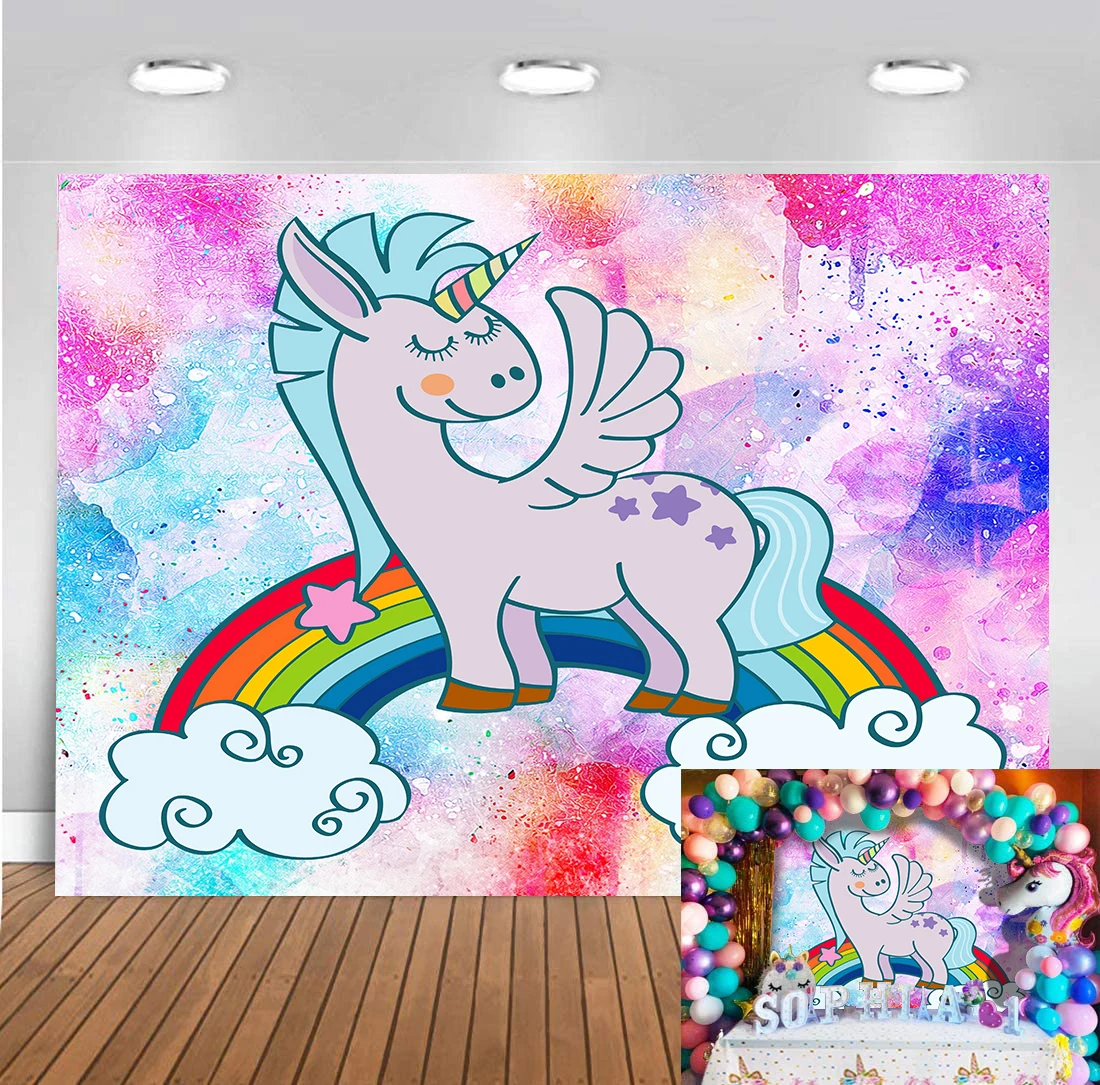 Unicorn Backdrop Photo Studio Rainbow Horse Themed Children Adult Happy Birthday Background Photobooth Colourful Decor