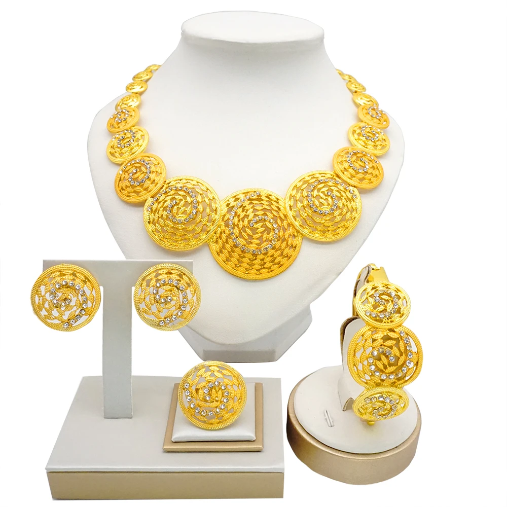 

Jewellery Set Dubai 24K Gold Color Jewelry Sets For Women Round Necklace Earrings Bracelet Ring African Wedding Gifts Set