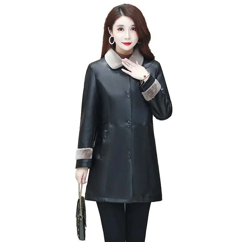 Leather Parka 2022 Winter New PU Leather Jacket Women's Autumn Mid-Long Velvet Thick Warm And Windshield Mother's Outcoat Black