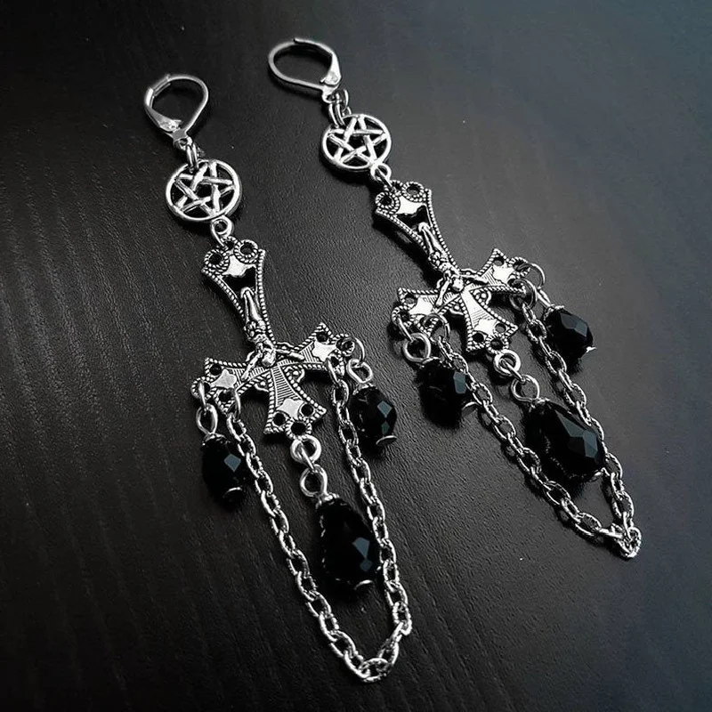 Goth Inverted Crucifix Teardrop Dangle Earrings Black Crystal Pentagram Witch Statement Grunge Classical Satan Pagan Women Gift